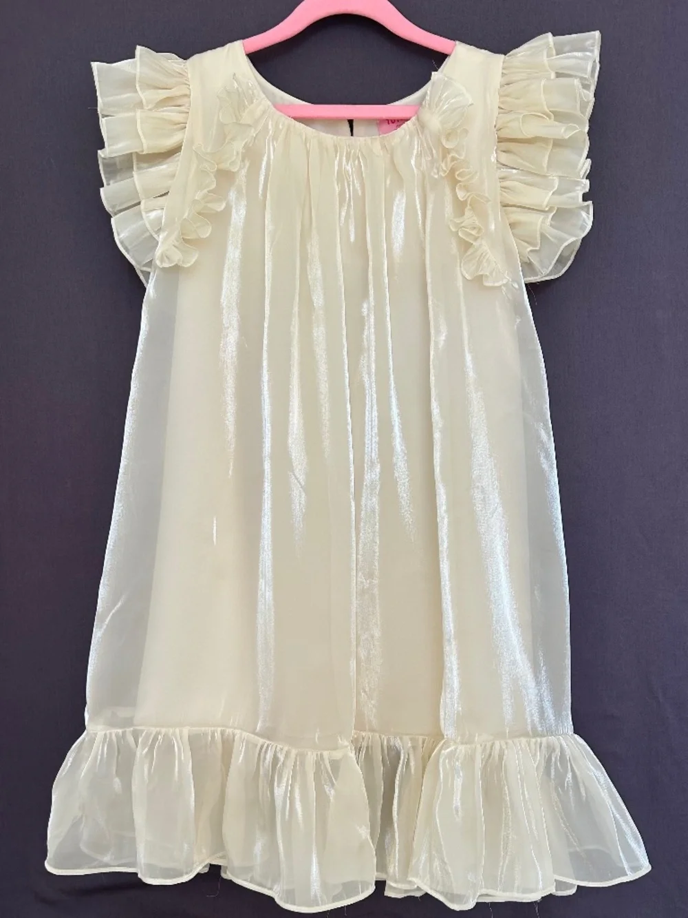 NWOT TUTUPETTI Girls Ivory Organza Pearl Sheen Ruffle Flutter Sleeve Dress